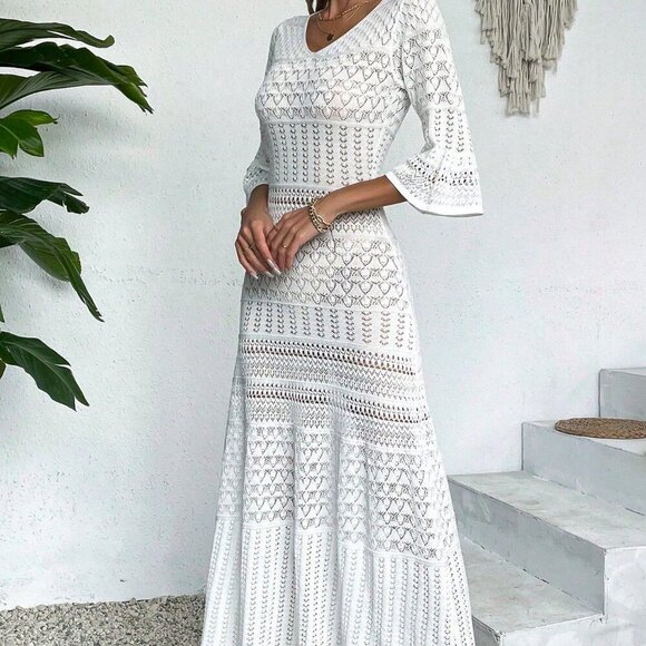 Dresses & Skirts - White Elegant Women's Casual V Neck Long Sleeve Knit Dress Beach Vacation